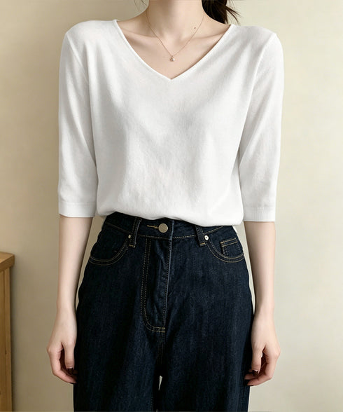 ニットトップス レディース 韓国風春夏服 vネック 5分袖サマーニット オフィスカジュアル ニットソー おしゃれ ニットプルオーバー 着やせ 大人通勤服 きれいめ 24TPS-089