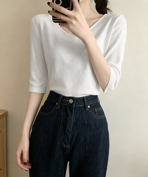 ニットトップス レディース 韓国風春夏服 vネック 5分袖サマーニット オフィスカジュアル ニットソー おしゃれ ニットプルオーバー 着やせ 大人通勤服 きれいめ 24TPS-089