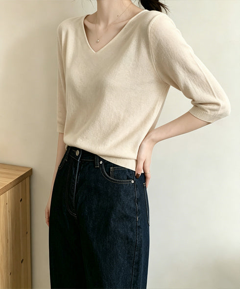 ニットトップス レディース 韓国風春夏服 vネック 5分袖サマーニット オフィスカジュアル ニットソー おしゃれ ニットプルオーバー 着やせ 大人通勤服 きれいめ 24TPS-089