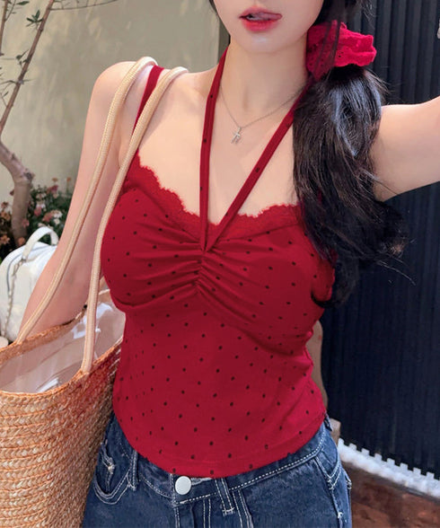 カップ付きキャミソール ドット柄 夏服 レディース 胸元ギャザー ブラトップキャミ フロントリボン エレガントレース付きキャミ フィット感 大人可愛いインナー 24TPS-091