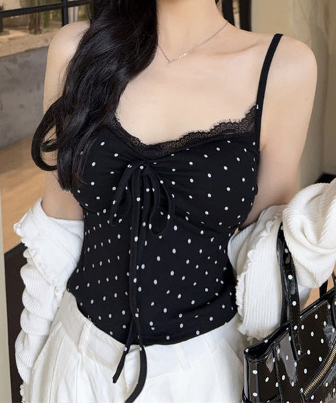 カップ付きキャミソール ドット柄 夏服 レディース 胸元ギャザー ブラトップキャミ フロントリボン エレガントレース付きキャミ フィット感 大人可愛いインナー 24TPS-091