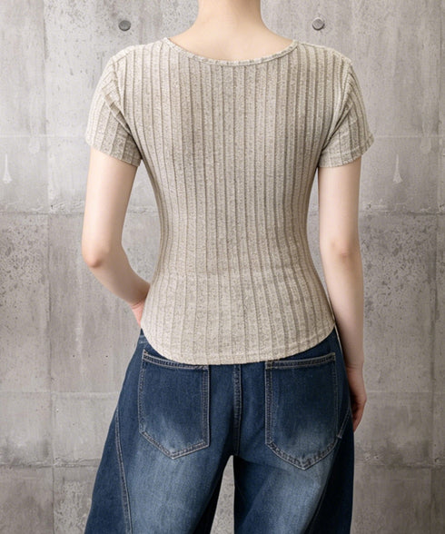 レースドッキングヘンリーネックリブトップ レース切り替え リブニット Vネック トップス レースレイヤード半袖Tシャツ フロントボタン タイトTシャツ カジュアル 24TPS-092