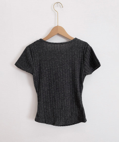 レースドッキングヘンリーネックリブトップ レース切り替え リブニット Vネック トップス レースレイヤード半袖Tシャツ フロントボタン タイトTシャツ カジュアル 24TPS-092