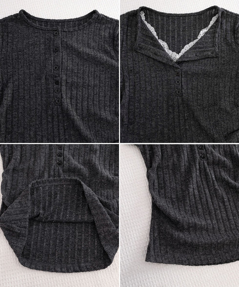 レースドッキングヘンリーネックリブトップ レース切り替え リブニット Vネック トップス レースレイヤード半袖Tシャツ フロントボタン タイトTシャツ カジュアル 24TPS-092