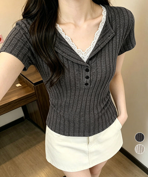レースドッキングヘンリーネックリブトップ レース切り替え リブニット Vネック トップス レースレイヤード半袖Tシャツ フロントボタン タイトTシャツ カジュアル 24TPS-092