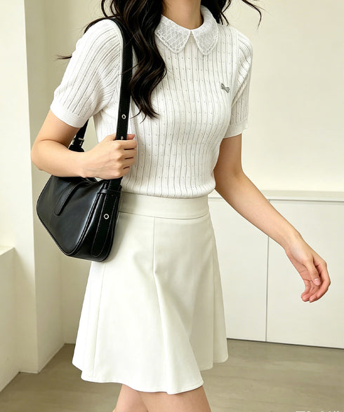 レース襟付きニットトップス フェミニン サマーニット レディース 大人可愛い夏服 着やせトップス オフィスカジュアル ニットプルオーバー コンパクト ニットソー 24TPS-093