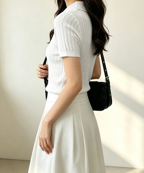 レース襟付きニットトップス フェミニン サマーニット レディース 大人可愛い夏服 着やせトップス オフィスカジュアル ニットプルオーバー コンパクト ニットソー 24TPS-093