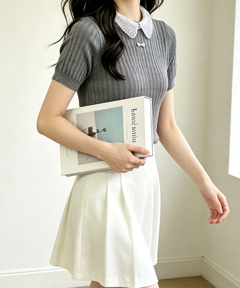 レース襟付きニットトップス フェミニン サマーニット レディース 大人可愛い夏服 着やせトップス オフィスカジュアル ニットプルオーバー コンパクト ニットソー 24TPS-093
