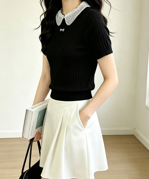 レース襟付きニットトップス フェミニン サマーニット レディース 大人可愛い夏服 着やせトップス オフィスカジュアル ニットプルオーバー コンパクト ニットソー 24TPS-093