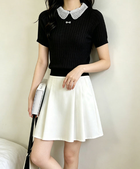レース襟付きニットトップス フェミニン サマーニット レディース 大人可愛い夏服 着やせトップス オフィスカジュアル ニットプルオーバー コンパクト ニットソー 24TPS-093