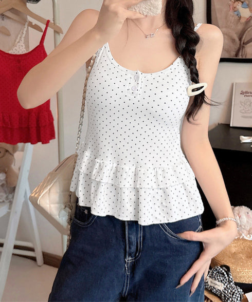 ドット柄ティアードキャミソールカップ付き ブラトップキャミ レディース 大人可愛い夏服 裾フリル フェミニンインナーキャミ 甘め スリムフィットキャミ 韓国風下着 24TPS-094