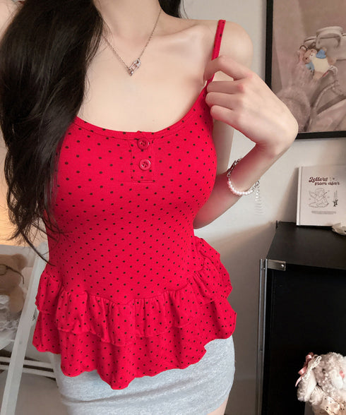 ドット柄ティアードキャミソールカップ付き ブラトップキャミ レディース 大人可愛い夏服 裾フリル フェミニンインナーキャミ 甘め スリムフィットキャミ 韓国風下着 24TPS-094
