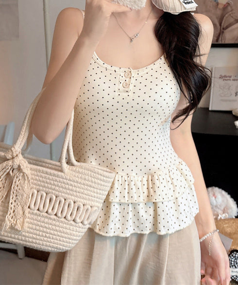 ドット柄ティアードキャミソールカップ付き ブラトップキャミ レディース 大人可愛い夏服 裾フリル フェミニンインナーキャミ 甘め スリムフィットキャミ 韓国風下着 24TPS-094