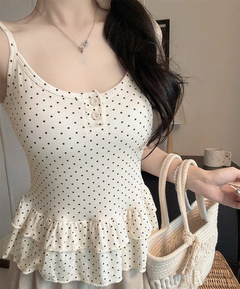 ドット柄ティアードキャミソールカップ付き ブラトップキャミ レディース 大人可愛い夏服 裾フリル フェミニンインナーキャミ 甘め スリムフィットキャミ 韓国風下着 24TPS-094