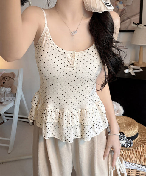 ドット柄ティアードキャミソールカップ付き ブラトップキャミ レディース 大人可愛い夏服 裾フリル フェミニンインナーキャミ 甘め スリムフィットキャミ 韓国風下着 24TPS-094