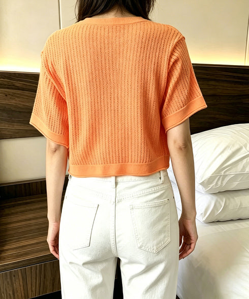 サマーニットカーディガン 透かし編み夏服 レディース クロップド丈 ニットトップス Vネック ニットボレロ 紫外線対策 冷房対策上着 コンパクト 羽織り着回し 24TPS-095