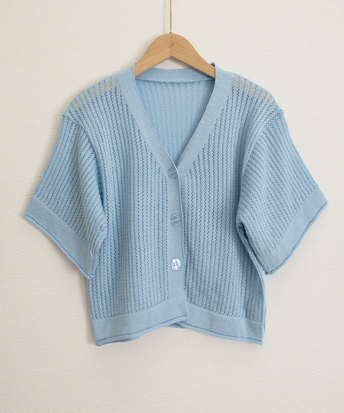 サマーニットカーディガン 透かし編み夏服 レディース クロップド丈 ニットトップス Vネック ニットボレロ 紫外線対策 冷房対策上着 コンパクト 羽織り着回し 24TPS-095