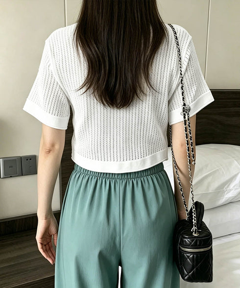 サマーニットカーディガン 透かし編み夏服 レディース クロップド丈 ニットトップス Vネック ニットボレロ 紫外線対策 冷房対策上着 コンパクト 羽織り着回し 24TPS-095