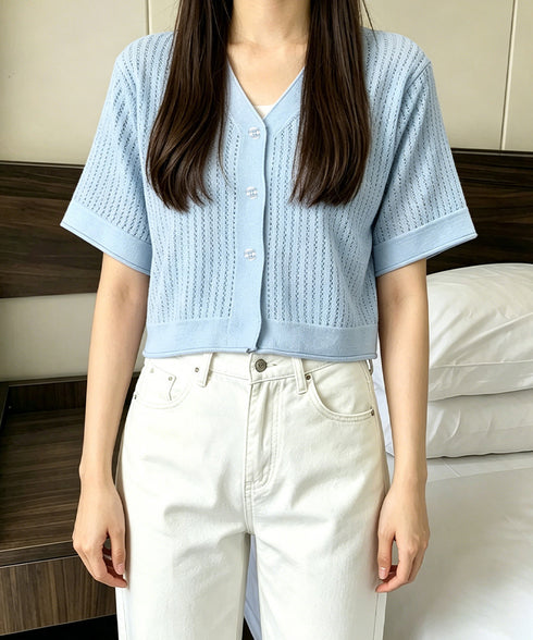 サマーニットカーディガン 透かし編み夏服 レディース クロップド丈 ニットトップス Vネック ニットボレロ 紫外線対策 冷房対策上着 コンパクト 羽織り着回し 24TPS-095