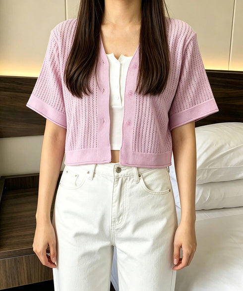 サマーニットカーディガン 透かし編み夏服 レディース クロップド丈 ニットトップス Vネック ニットボレロ 紫外線対策 冷房対策上着 コンパクト 羽織り着回し 24TPS-095