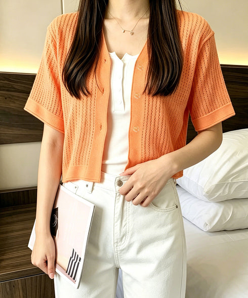サマーニットカーディガン 透かし編み夏服 レディース クロップド丈 ニットトップス Vネック ニットボレロ 紫外線対策 冷房対策上着 コンパクト 羽織り着回し 24TPS-095