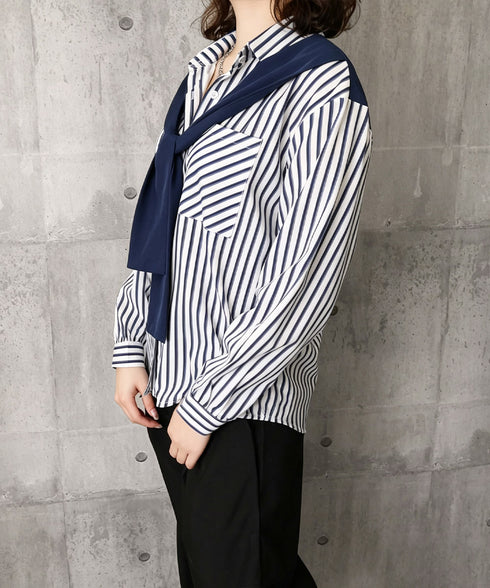 レイヤード風ストライプシャツ胸ポケット服 レディース 切り替え 肩掛け風トップス 体型カバー シャツブラウス 大人カジュアル ブラウス 20代 30代 40代秋服 24TPS-097