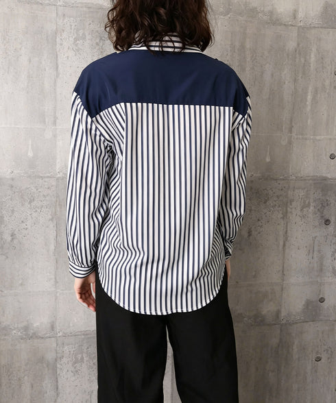 レイヤード風ストライプシャツ胸ポケット服 レディース 切り替え 肩掛け風トップス 体型カバー シャツブラウス 大人カジュアル ブラウス 20代 30代 40代秋服 24TPS-097