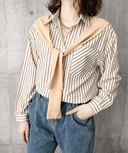 レイヤード風ストライプシャツ胸ポケット服 レディース 切り替え 肩掛け風トップス 体型カバー シャツブラウス 大人カジュアル ブラウス 20代 30代 40代秋服 24TPS-097