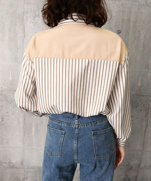 レイヤード風ストライプシャツ胸ポケット服 レディース 切り替え 肩掛け風トップス 体型カバー シャツブラウス 大人カジュアル ブラウス 20代 30代 40代秋服 24TPS-097