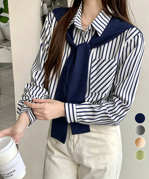 レイヤード風ストライプシャツ胸ポケット服 レディース 切り替え 肩掛け風トップス 体型カバー シャツブラウス 大人カジュアル ブラウス 20代 30代 40代秋服 24TPS-097