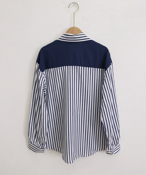 レイヤード風ストライプシャツ胸ポケット服 レディース 切り替え 肩掛け風トップス 体型カバー シャツブラウス 大人カジュアル ブラウス 20代 30代 40代秋服 24TPS-097