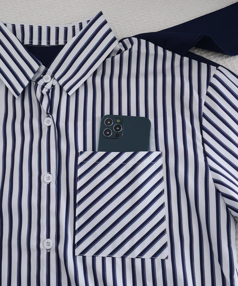 レイヤード風ストライプシャツ胸ポケット服 レディース 切り替え 肩掛け風トップス 体型カバー シャツブラウス 大人カジュアル ブラウス 20代 30代 40代秋服 24TPS-097