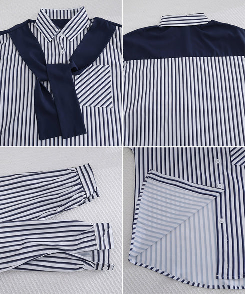レイヤード風ストライプシャツ胸ポケット服 レディース 切り替え 肩掛け風トップス 体型カバー シャツブラウス 大人カジュアル ブラウス 20代 30代 40代秋服 24TPS-097