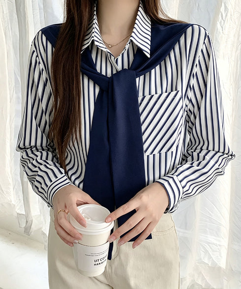 レイヤード風ストライプシャツ胸ポケット服 レディース 切り替え 肩掛け風トップス 体型カバー シャツブラウス 大人カジュアル ブラウス 20代 30代 40代秋服 24TPS-097