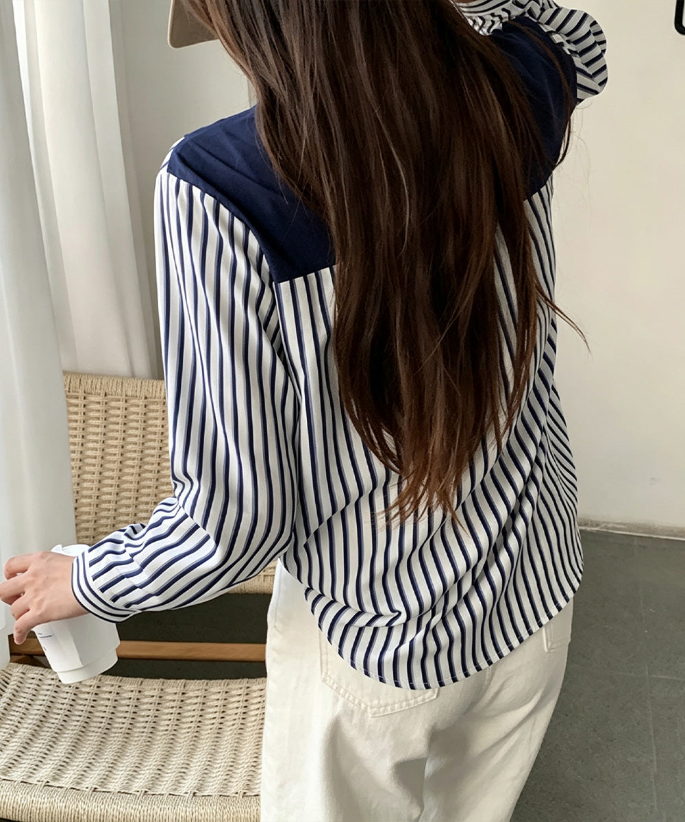 レイヤード風ストライプシャツ胸ポケット服