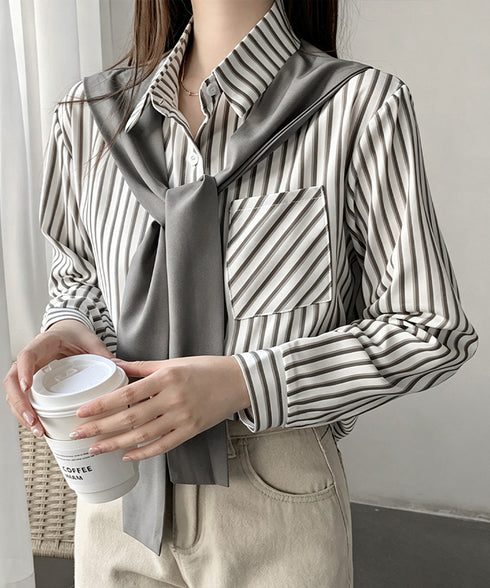 レイヤード風ストライプシャツ胸ポケット服 レディース 切り替え 肩掛け風トップス 体型カバー シャツブラウス 大人カジュアル ブラウス 20代 30代 40代秋服 24TPS-097
