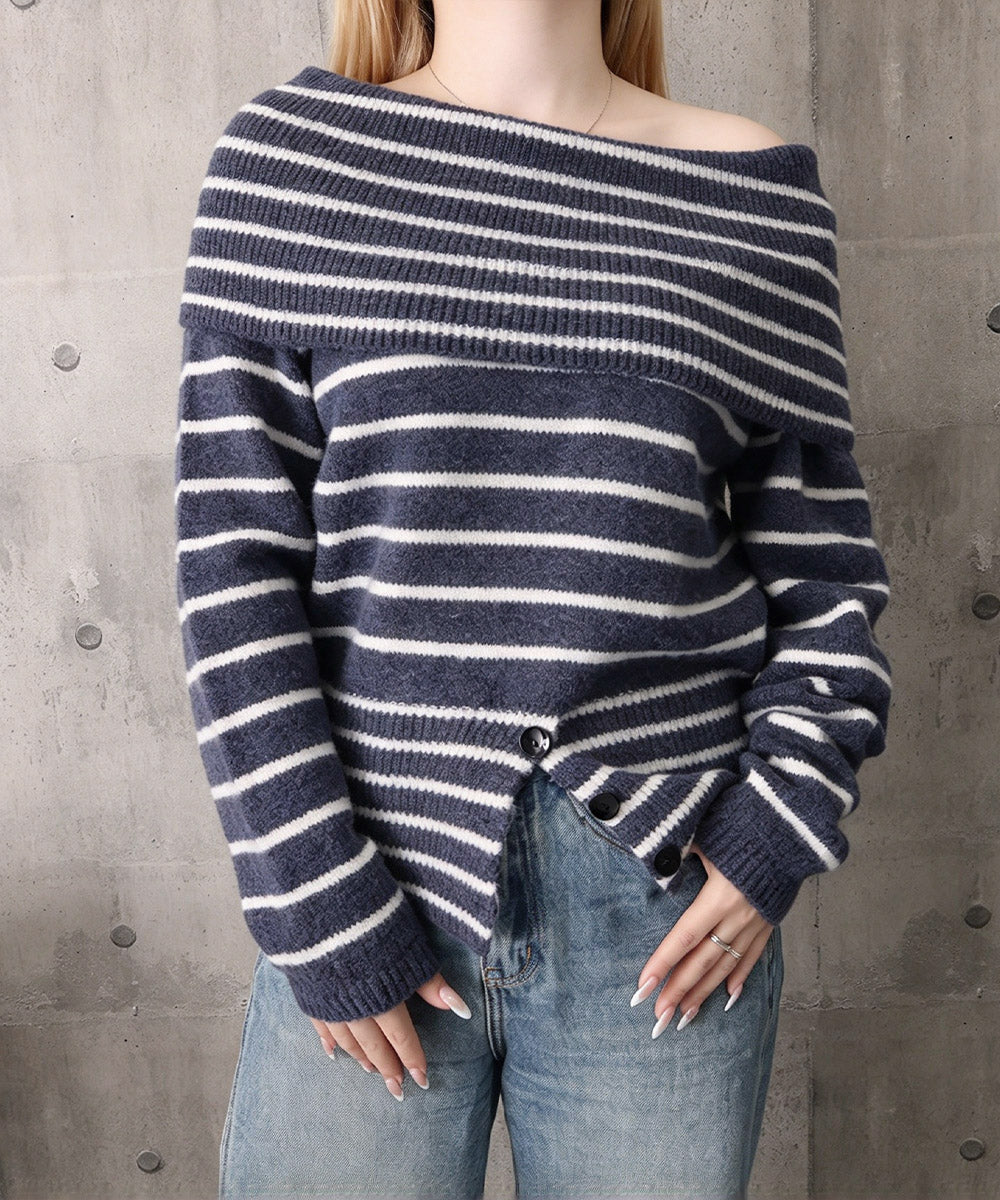 オフショルダーボーダーニット裾ボタン秋服