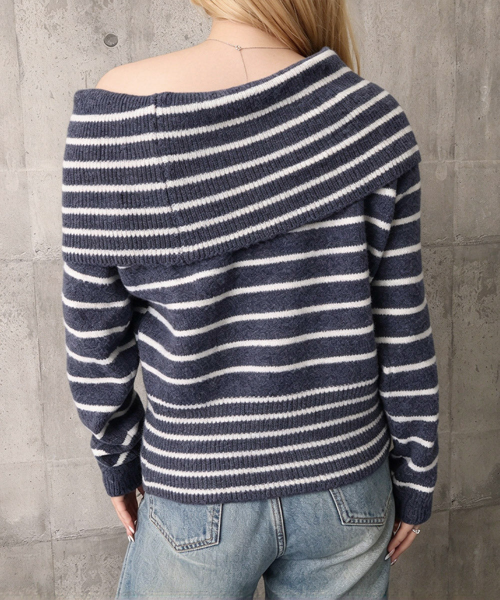 オフショルダーボーダーニット裾ボタン秋服