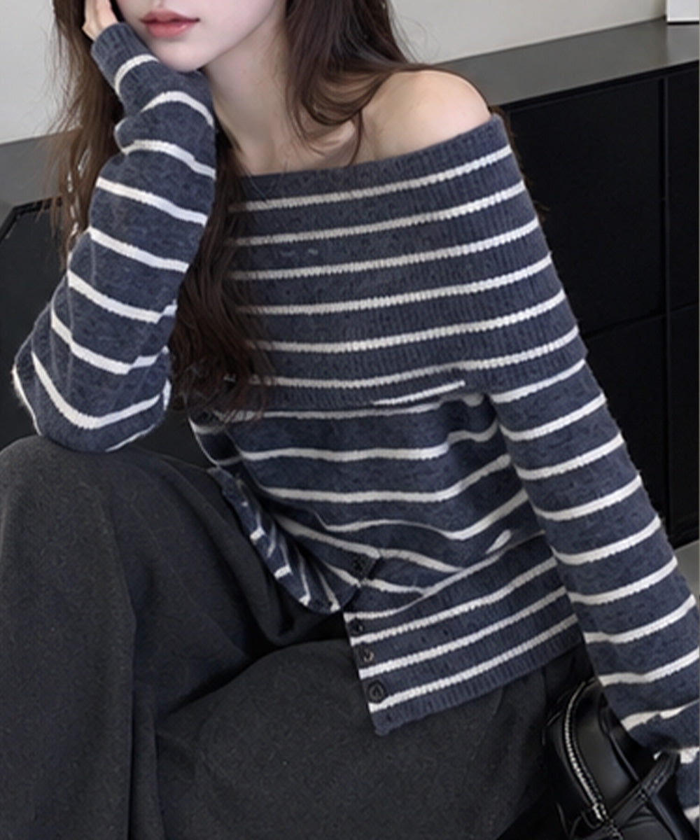 オフショルダーボーダーニット裾ボタン秋服