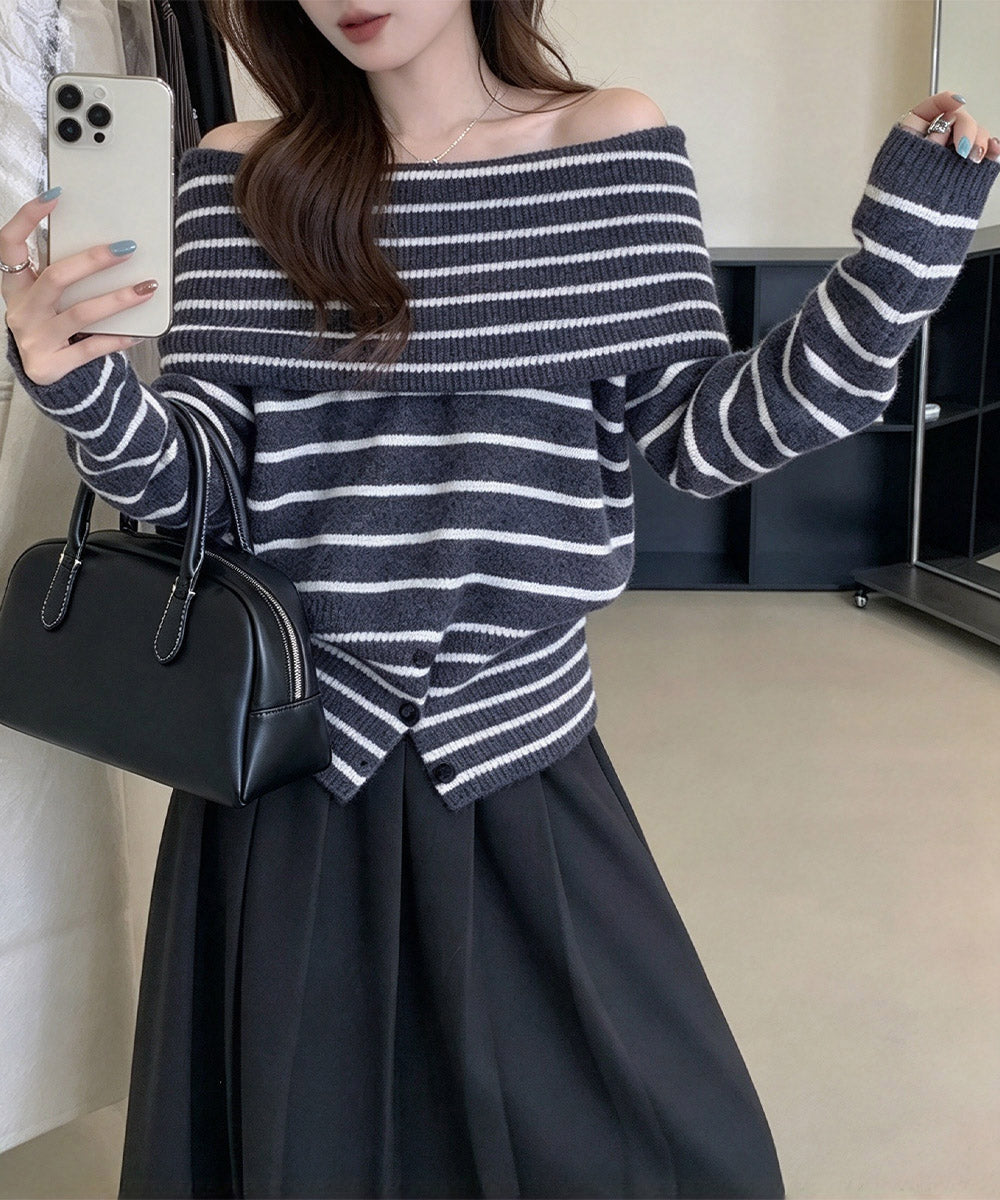オフショルダーボーダーニット裾ボタン秋服