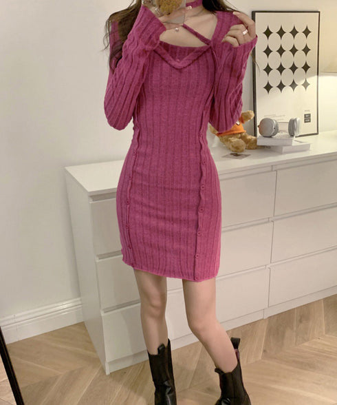 タイトミニニットワンピースホルターネック レディース セクシー ボディコンワンピース ショート丈 スリムフィット 細見えワンピース 女性らしい 細身 膝上丈ワンピ 24WPS-001