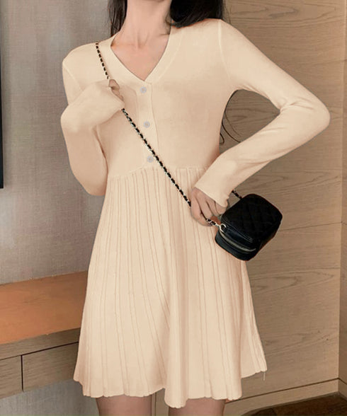 Vネックニットワンピース 飾りボタン付き Aラインワンピース レディース Vネックインナーワンピース ハイウエスト 着やせワンピース 大人可愛い 膝上丈ワンピース 24WPS-002