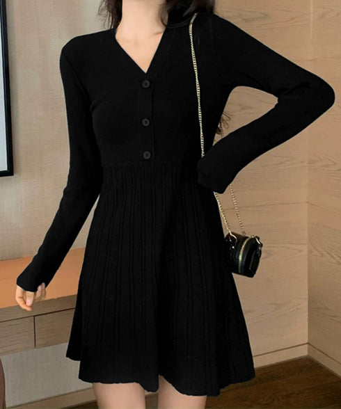 Vネックニットワンピース 飾りボタン付き Aラインワンピース レディース Vネックインナーワンピース ハイウエスト 着やせワンピース 大人可愛い 膝上丈ワンピース 24WPS-002