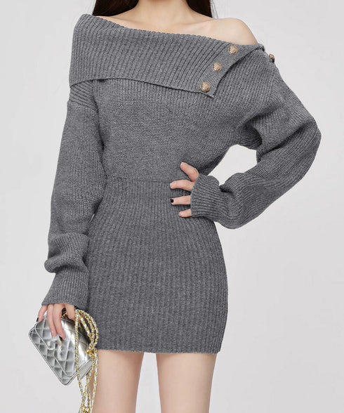 ニットワンピースオフショルダーワンピース レディース ボタンデザイン リブワンピース 大人可愛い ショート丈ワンピース セクシーワンピース 着やせ セータードレス 24WPS-003