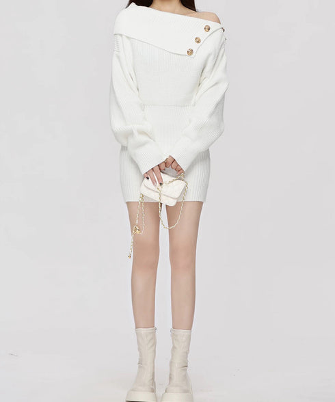 ニットワンピースオフショルダーワンピース レディース ボタンデザイン リブワンピース 大人可愛い ショート丈ワンピース セクシーワンピース 着やせ セータードレス 24WPS-003