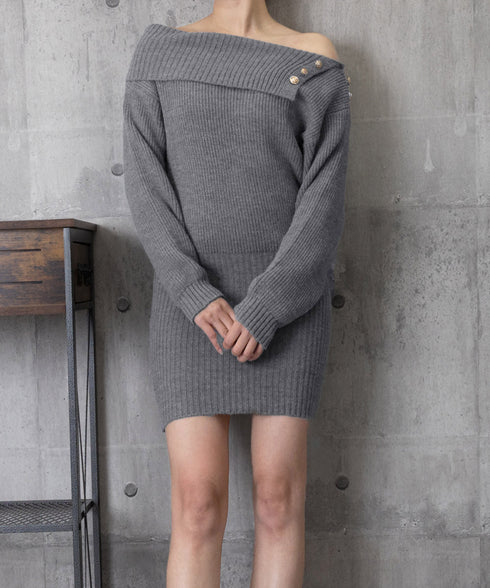 ニットワンピースオフショルダーワンピース レディース ボタンデザイン リブワンピース 大人可愛い ショート丈ワンピース セクシーワンピース 着やせ セータードレス 24WPS-003