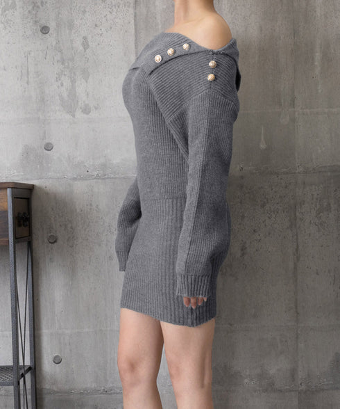 ニットワンピースオフショルダーワンピース レディース ボタンデザイン リブワンピース 大人可愛い ショート丈ワンピース セクシーワンピース 着やせ セータードレス 24WPS-003