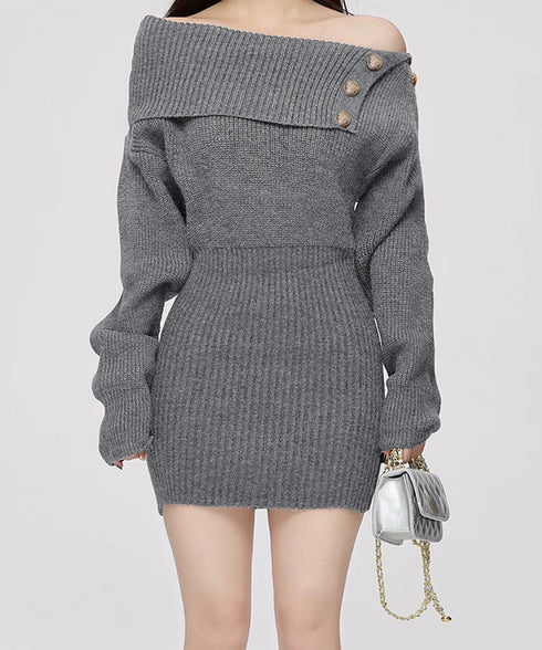 ニットワンピースオフショルダーワンピース レディース ボタンデザイン リブワンピース 大人可愛い ショート丈ワンピース セクシーワンピース 着やせ セータードレス 24WPS-003