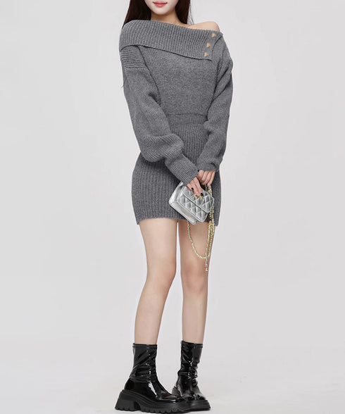 ニットワンピースオフショルダーワンピース レディース ボタンデザイン リブワンピース 大人可愛い ショート丈ワンピース セクシーワンピース 着やせ セータードレス 24WPS-003