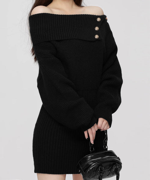 ニットワンピースオフショルダーワンピース レディース ボタンデザイン リブワンピース 大人可愛い ショート丈ワンピース セクシーワンピース 着やせ セータードレス 24WPS-003